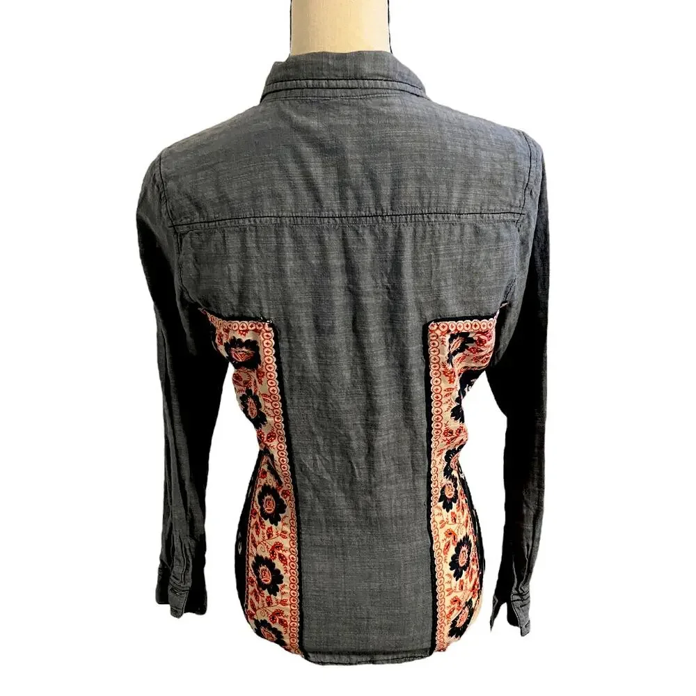 Free People Denim Button Down Shirt with Floral Panel Accents Womens Size XS
